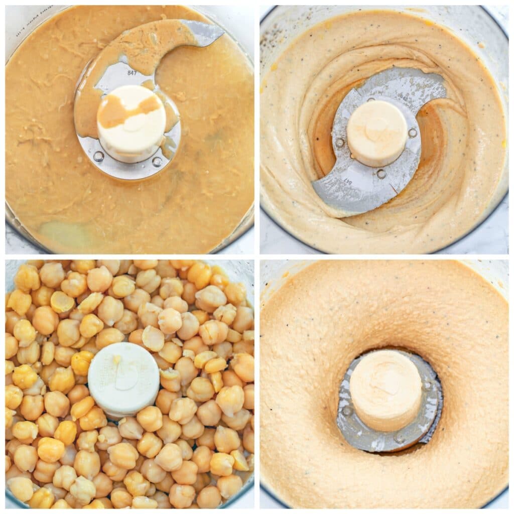 Collage showing step-by-step process for making hummus breakfast bowl, including tahini and lemon juice in food processor, whipped with olive oil, chickpeas added, and hummus all whipped together.