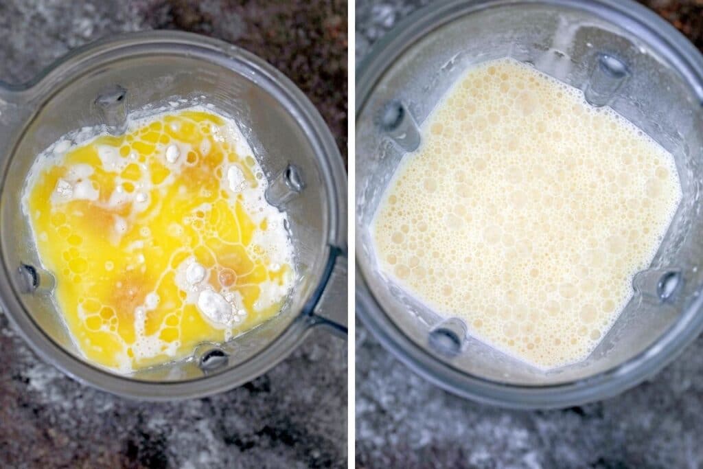 Collage showing batter ingredients in one photo and batter blended together in another photo