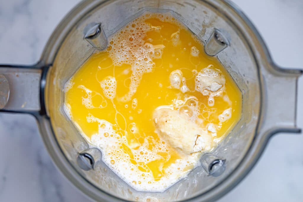 Overhead view of batter in a blender