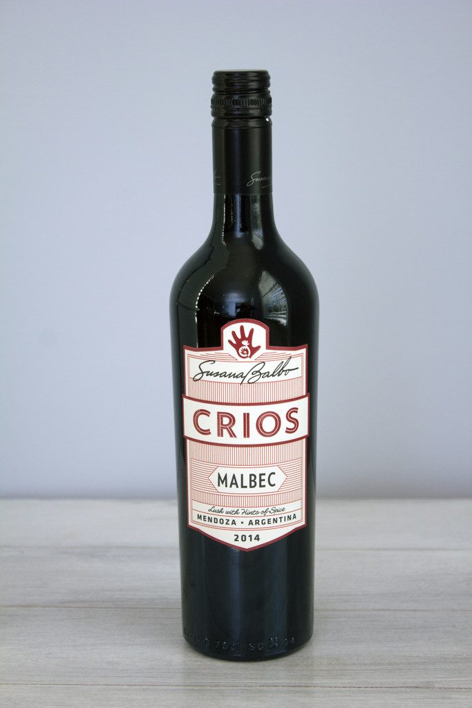 Head-on view of a bottle of Crios Malbec