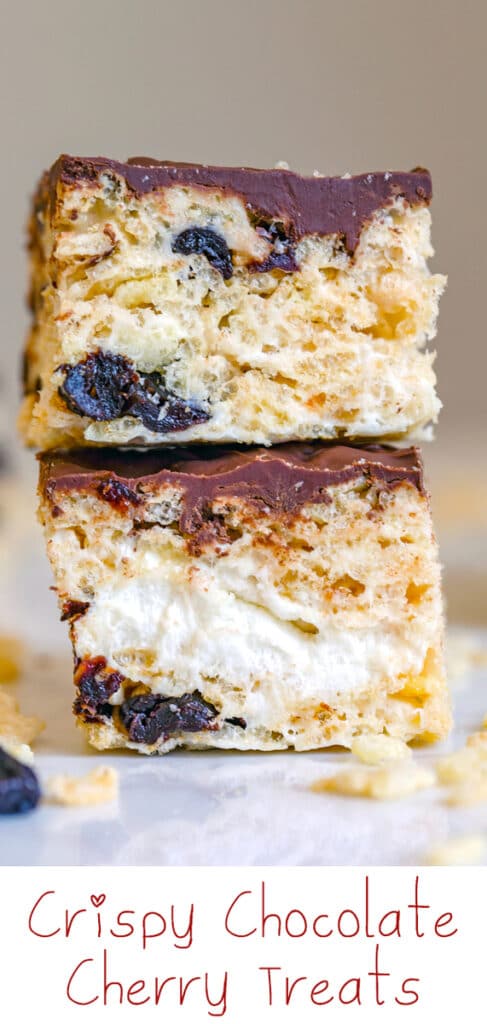 Crispy Chocolate Cherry Treats -- These Crispy Chocolate Cherry Treats are like the grown-up version of Rice Krispies treats and are packed with white chocolate, marshmallows, and dried cherries with a chocolate topping | wearenotmartha.com #ricekrispiestreats #driedcherries #bardesserts #chocolatecherry