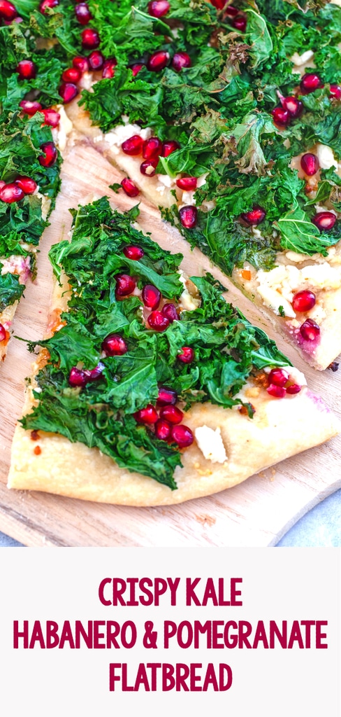 Crispy Kale, Habanero, and Pomegranate Flatbread -- This crispy kale flatbread is topped with spicy habanero peppers, pomegranate arils, feta cheese, and honey for an incredibly unique and totally mind-blowing flavor combination | wearenotmartha.com #flatbread #pizza #kale #pomegranate #habanero