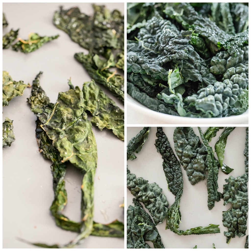 Collage of process for oven roasting kale for crispy kale chips