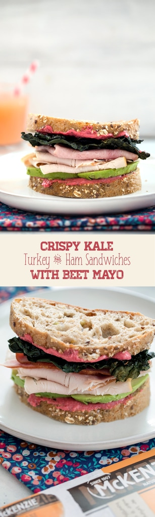 Crispy Kale Turkey and Ham Sandwiches with Beet Mayo -- These sandwiches contain all the components of a perfect sandwich: Great bread, a delicious spread, a little crunch, and really good natural deli meat | wearenotmartha.com