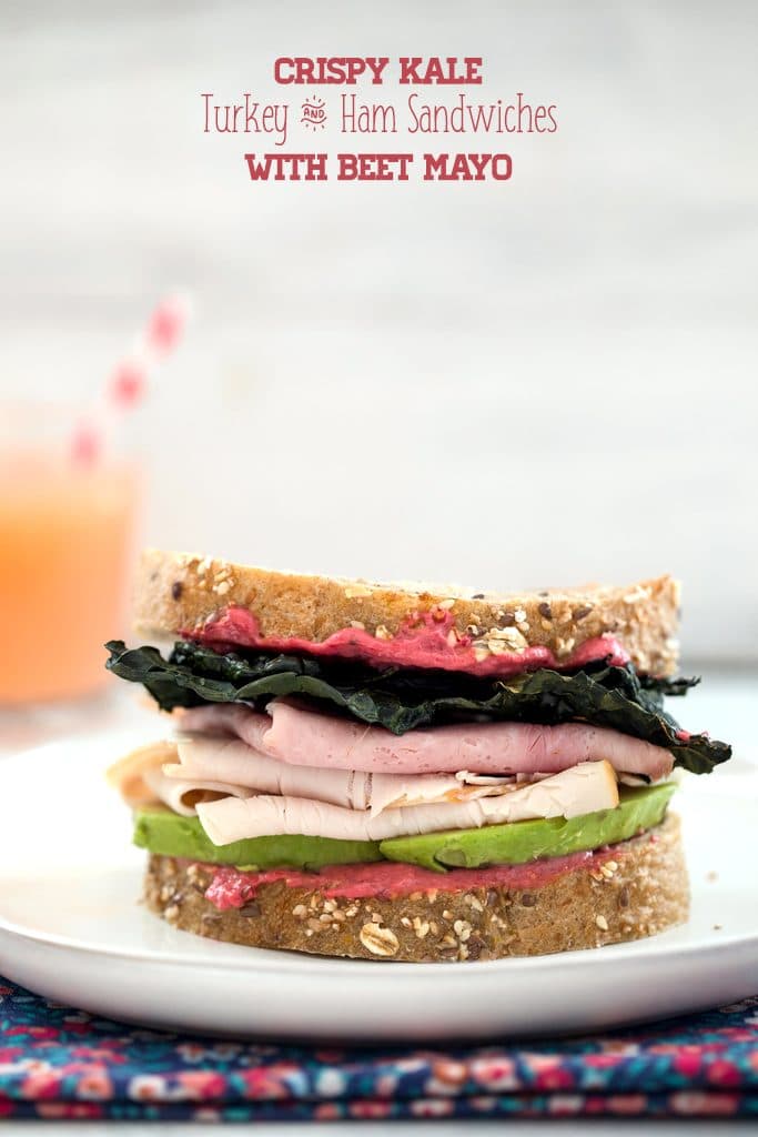 Crispy Kale Turkey and Ham Sandwiches with Beet Mayo -- These sandwiches contain all the components of a perfect sandwich: Great bread, a delicious spread, a little crunch, and really good natural deli meat | wearenotmartha.com