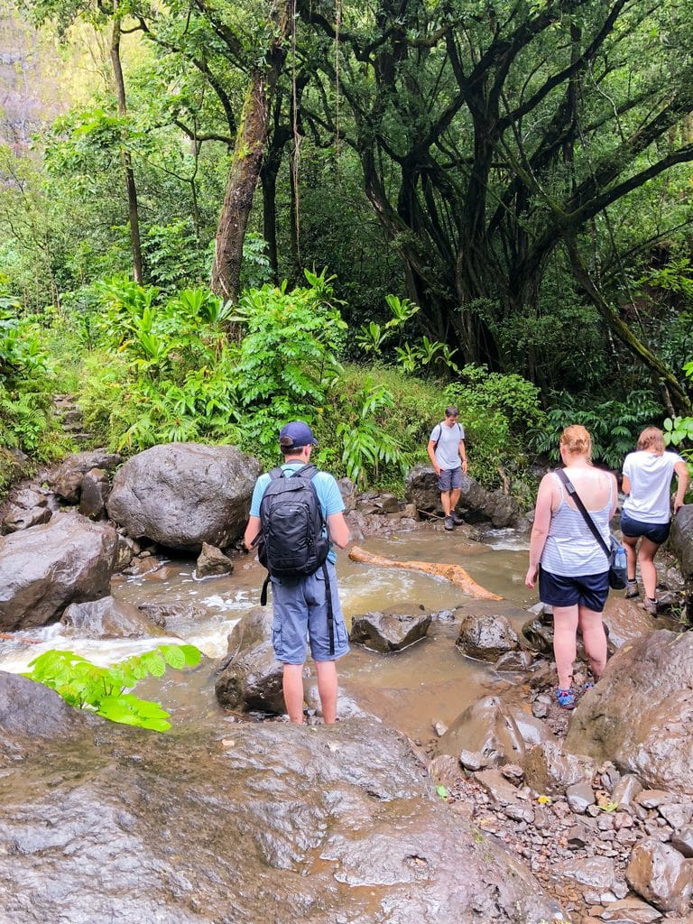 Crossing the stream to get to Waimoku Falls on Pipiwai Trail