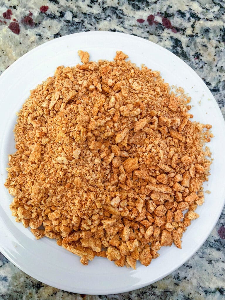 Small plate of crushed Cinnamon Toast Crunch ceral