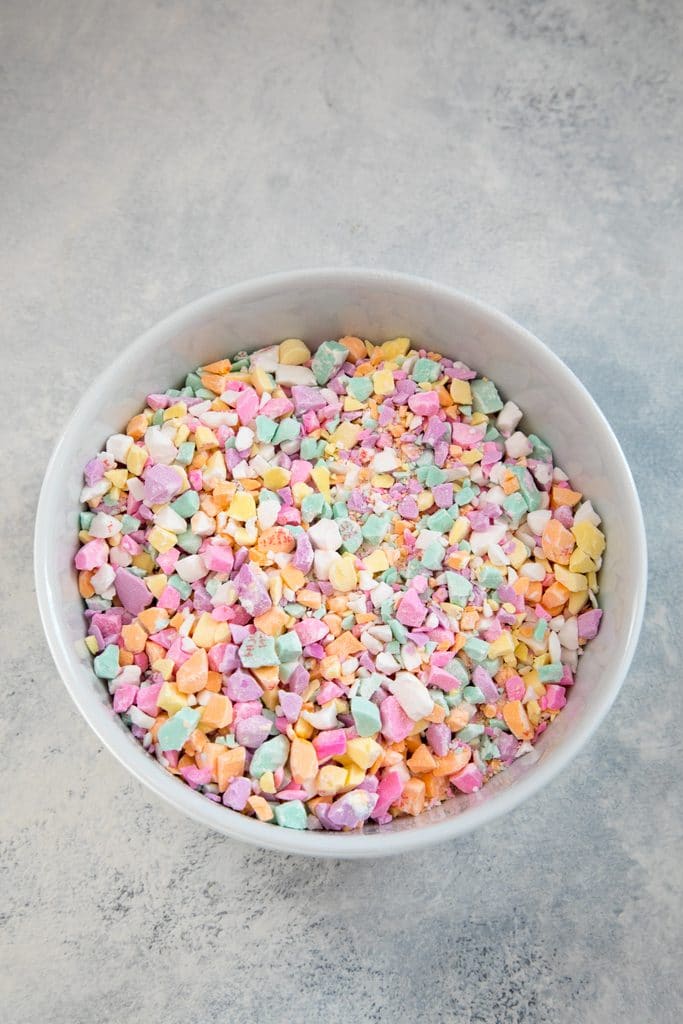 Conversation Hearts crushed in bowl