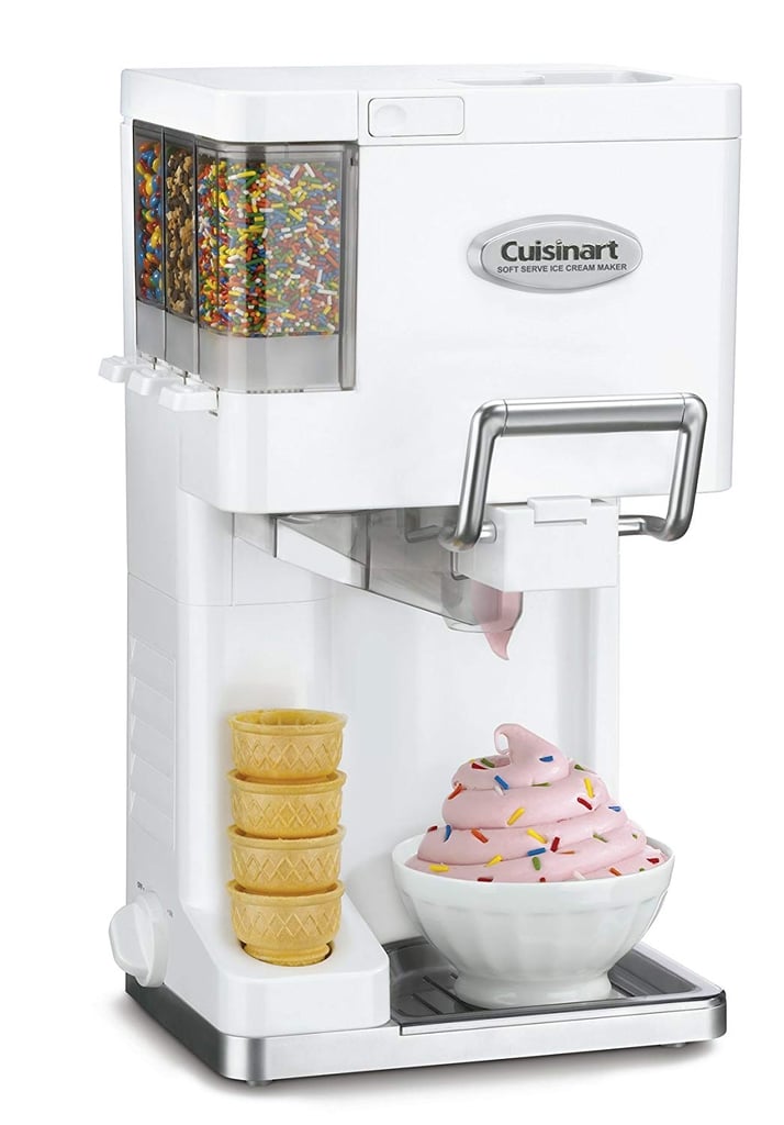 Cuisinart soft serve machine with bowl of soft serve and ice cream cones