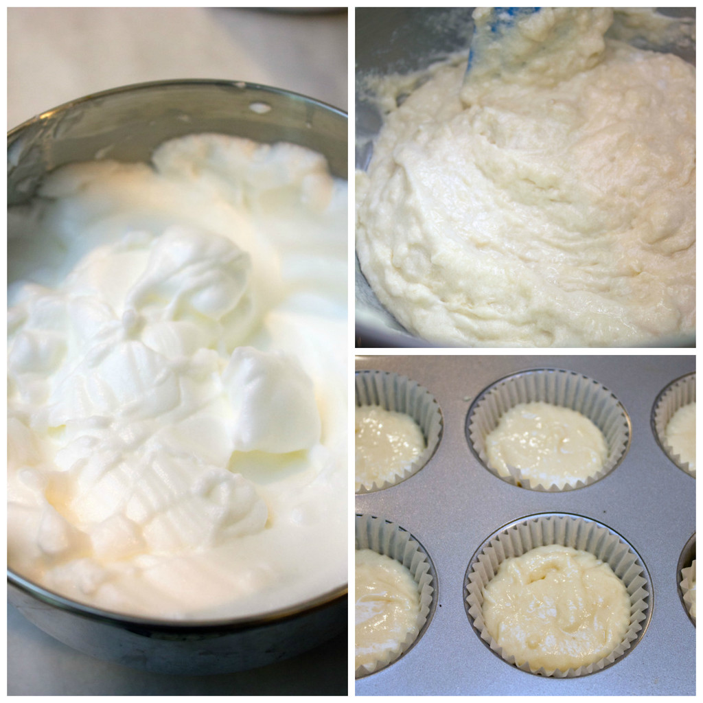 a collage showing the making of the batter for Rainbow Sherbet Cupcakes, including stiff egg whites in bowl, egg whites folded into batter in mixer, and cupcake tins filled with cupcake batter