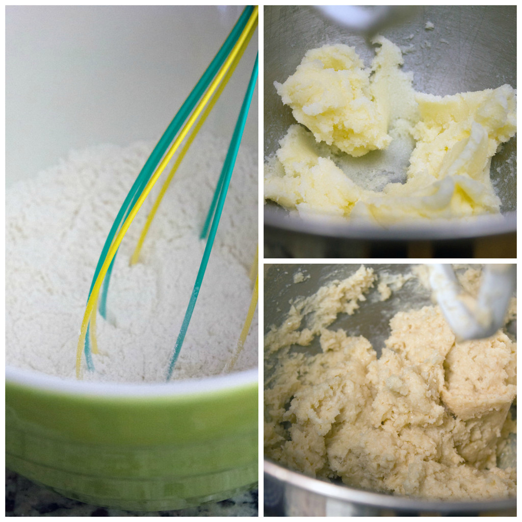 Collage showing process for making vanilla cupcakes, including dry ingredients whisked in a mixing bowl, butter and sugar being creamed together, and cupcake batter in mixing bowl