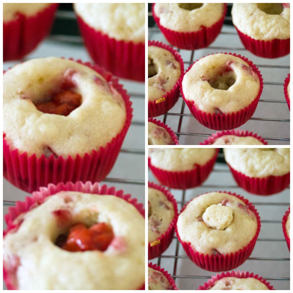 Collage showing process for filling strawberry cupcakes with strawberry filling, including cupcakes with core cut out, cupcakes filled with strawberry filling and cupcakes with cores placed back on top