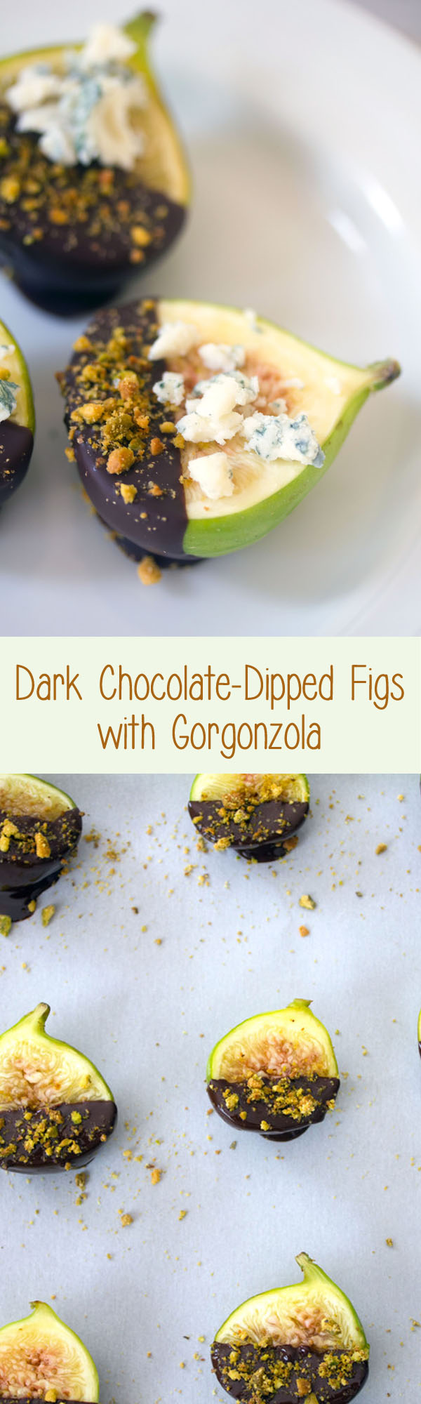 Chocolate Figs with Gorgonzola -- Whether these Dark Chocolate-Dipped Figs with Gorgonzola Cheese are served as an appetizer or dessert, your guests will fall in love. The ingredients are simple, but they all work so well together | wearenotmartha.com #figs #chocolate #gorgonzola #dessert #appetizer