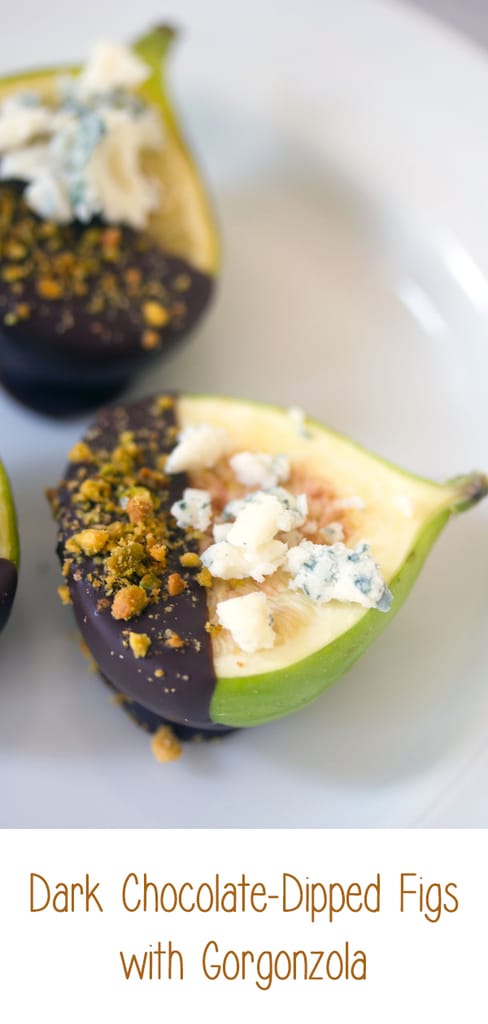 Chocolate Figs with Gorgonzola -- Whether these Dark Chocolate-Dipped Figs with Gorgonzola Cheese are served as an appetizer or dessert, your guests will fall in love. The ingredients are simple, but they all work so well together | wearenotmartha.com