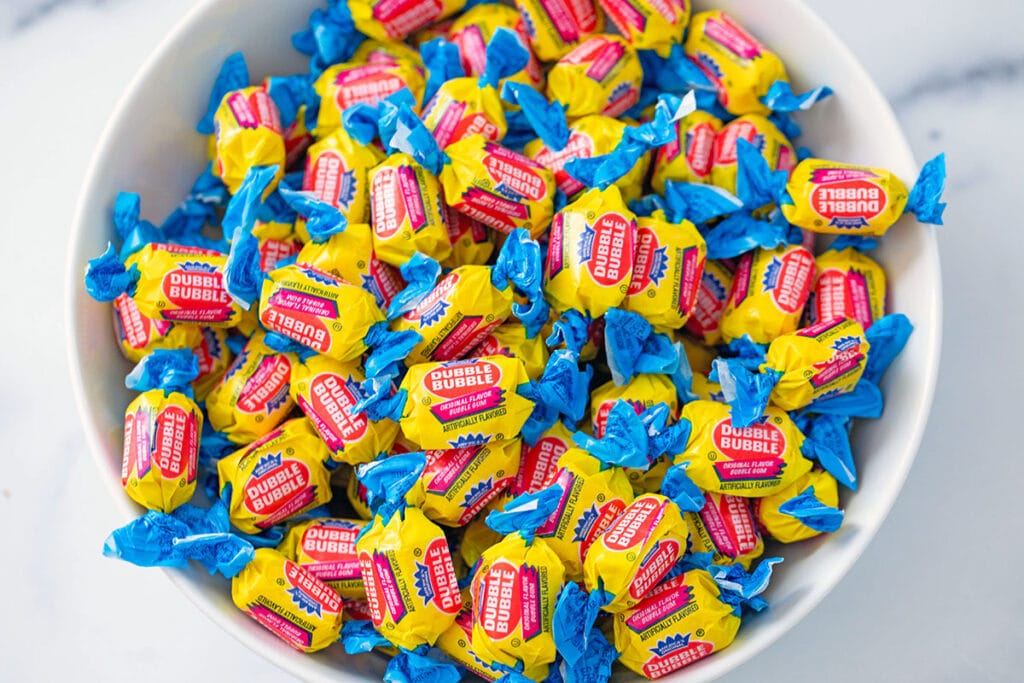 Bowl filled with pieces of Double Bubble bubblegum.