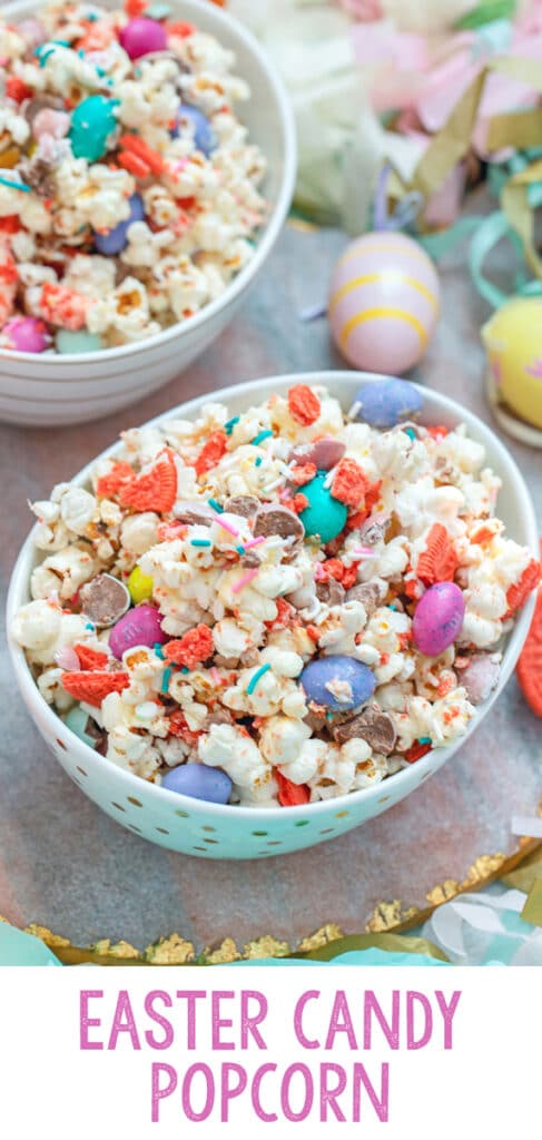 Easter Candy Popcorn-- Did you stock up on Easter candy? Put it to good use with Easter Candy Popcorn; this sweet treat is perfect for snacking on while watching movies or hanging out with the family! | wearenotmartha.com #easter #eastercandy #popcorn #partypopcorn #candy