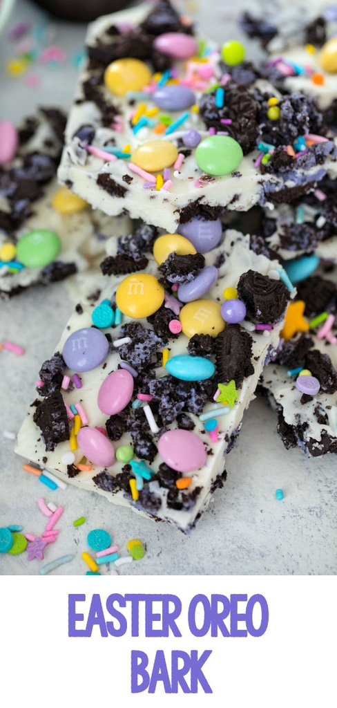 Easter Oreo Bark -- This 4-ingredient Easter Oreo Bark is packed with delicious goodies and so easy to make, you'll find yourself bringing it to all of your springtime parties and gatherings! | wearenotmartha.com #oreo #peepsoreos #oreobark #easter #candy #bark