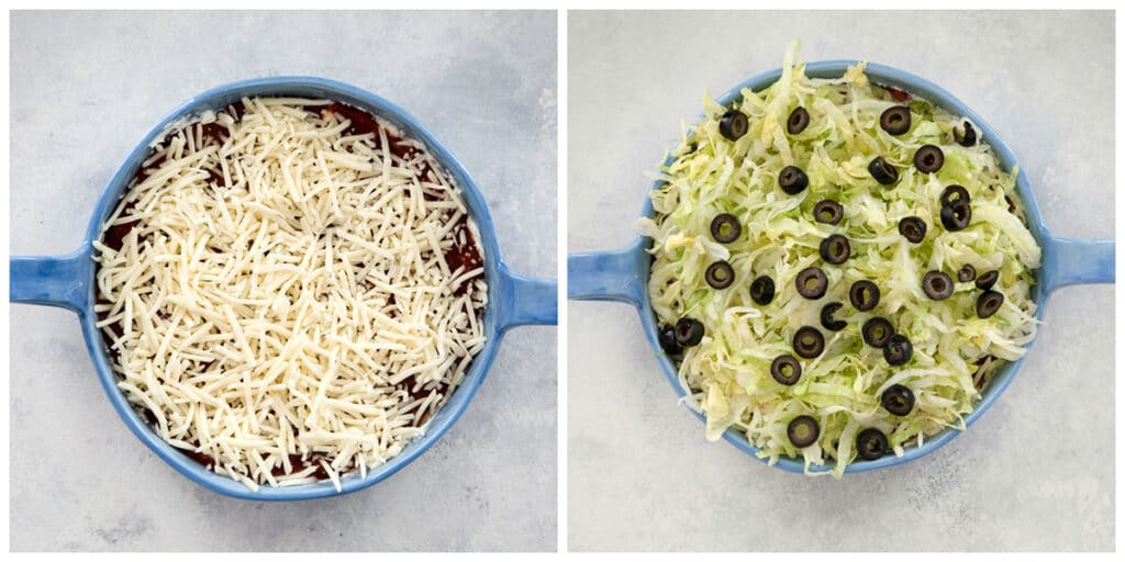 Image of shredded cheese topping salsa in pie plate and image of shredded lettuce and olives topping taco tip.