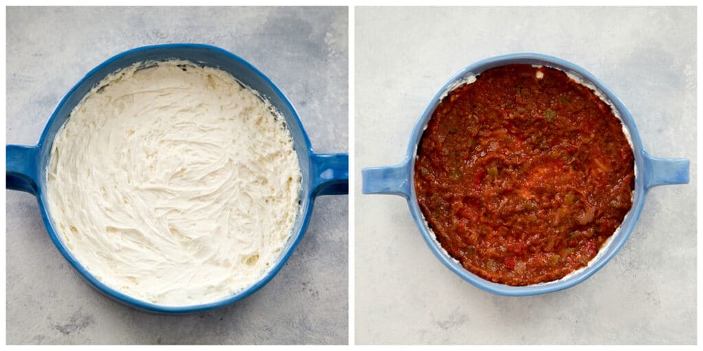 Image of cream cheese spread in bottom of pie plate and image of salsa spread on top of cream cheese.