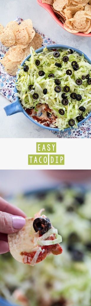 Easy Taco Dip -- There's nothing fancy about this taco dip, but it will take you five minutes to put together and will likely be the hit of the party. With just five ingredients, all of your friends will be asking for the recipe | wearenotmartha.com