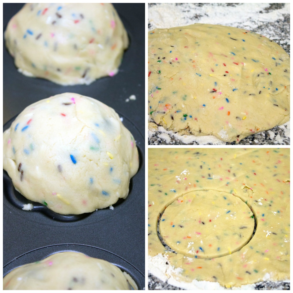 Collage showing process for making edible cookie bowls, including sprinkles dough rolled out on counter, dough with round cut out of it, and dough draped over cookie bowl mold to form edible bowls