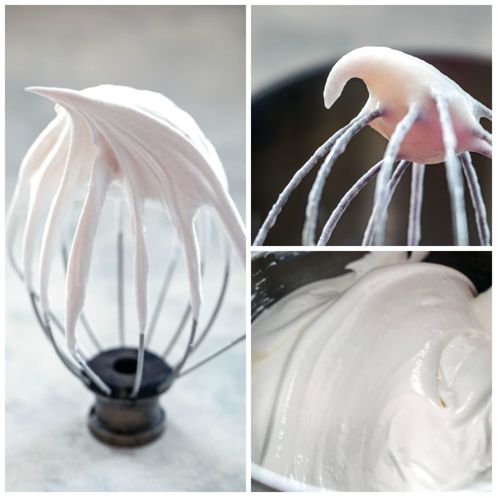 Collage showing process for beating egg whites and showing the difference between soft peaks and stiff peaks