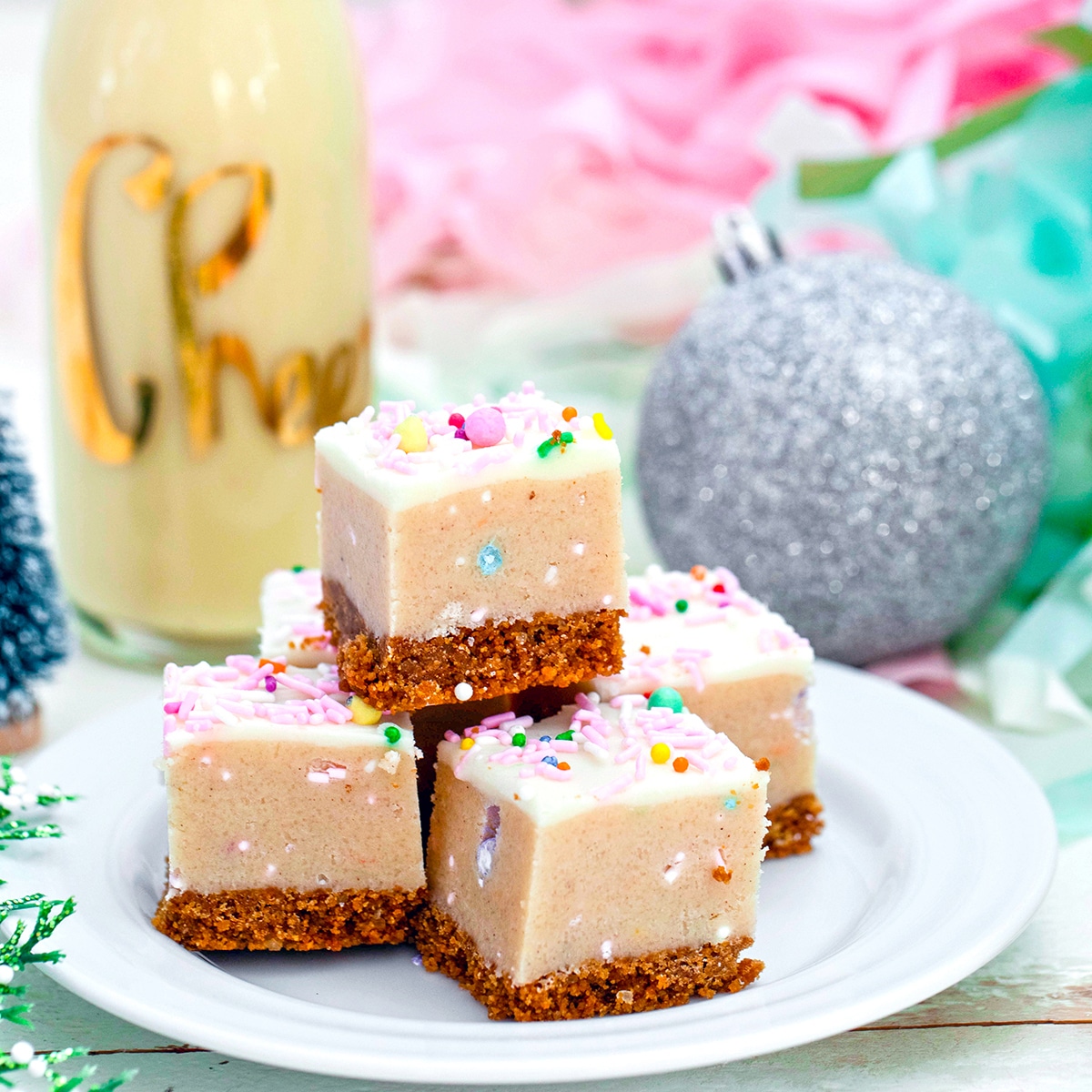 Eggnog Cookie Dough Bars -- Eggnog Cookie Dough Bars are easy no-bake desserts perfect for serving as a holiday dessert or for including on your Christmas cookie platters! | wearenotmartha.com #cookiedough #cookiedoughbars #eggnogdesserts #christmascookies #holidaydesserts