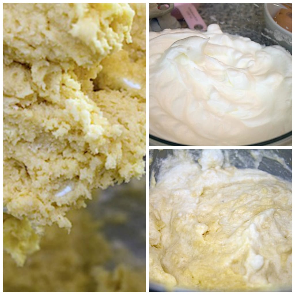 Collage showing process for making eggnog cupcake batter, including thick batter in mixer, egg whites beaten to stiff peaks, and egg whites blended into cupcake batter