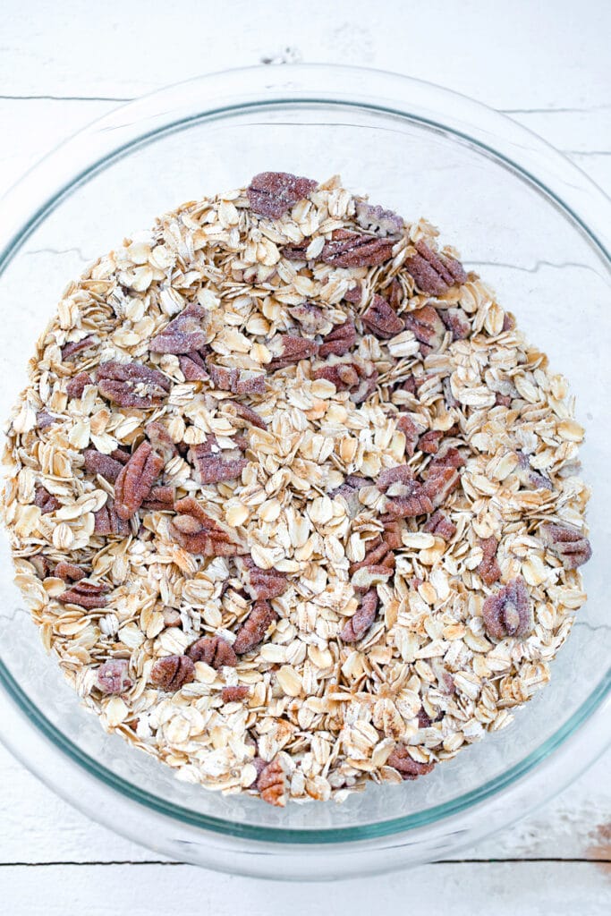 Oats, wheat germ, pecans, and spices in large bowl