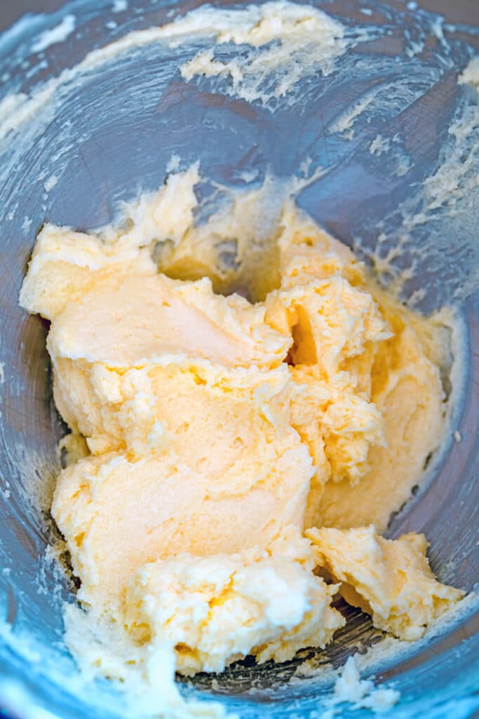 Butter sugar mixture in mixing bowl