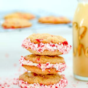 Eggnog Peppermint Sandwich Cookies -- Eggnog and peppermint are a holiday flavor combination dream come true! These Eggnog Peppermint Sandwich Cookies are packed with crushed candy canes and a delicious eggnog frosting | wearenotmartha.com