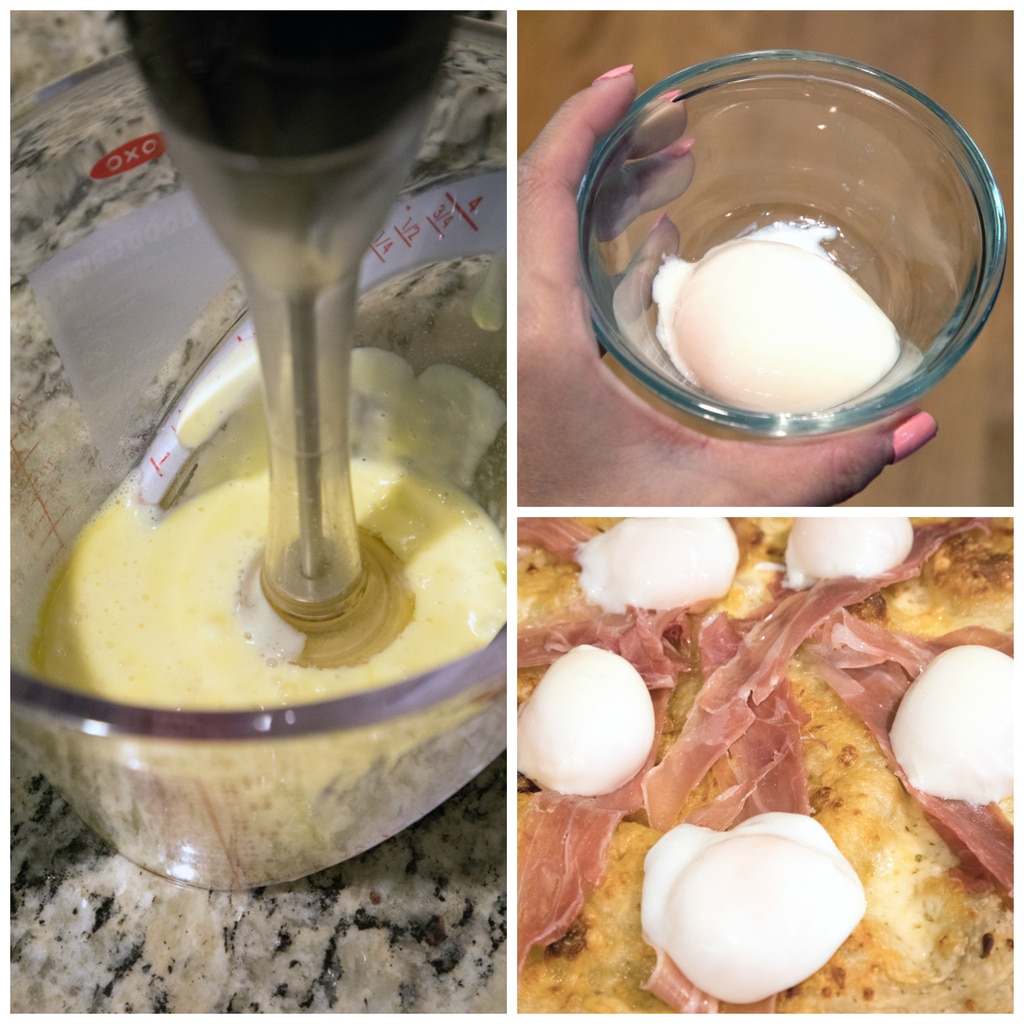 Collage showing process for making eggs benedict pizza, including hollandaise sauce in cup with immersion blender, sous video egg in small cup, and sous vide eggs and prosciutto on pizza crust