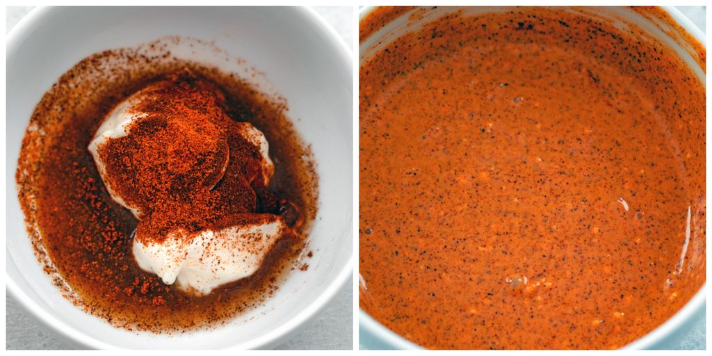 Collage showing process for making elote dressing, including overhead view of ingredients (mayo, cayenne, chili powder, and lime juice) in white bowl and overhead view of all the ingredients mixed together into a dressing