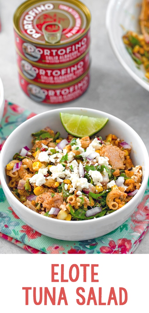 Elote Tuna Salad -- This Elote Tuna Salad has all the elements of Mexican Street Corn, but is served in salad form with tuna, macaroni, and more. It has a little bit of a kick and a whole lot of satisfying flavor! | wearenotmartha.com #elotecorn #cornsalad #corn #tuna #tunasalad