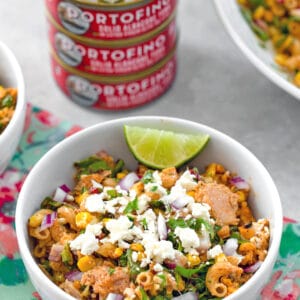 Elote Tuna Salad -- This Elote Tuna Salad has all the elements of Mexican Street Corn, but is served in salad form with tuna and a few other add-ins. It has a little bit of a kick and a whole lot of satisfying flavor! | wearenotmartha.com