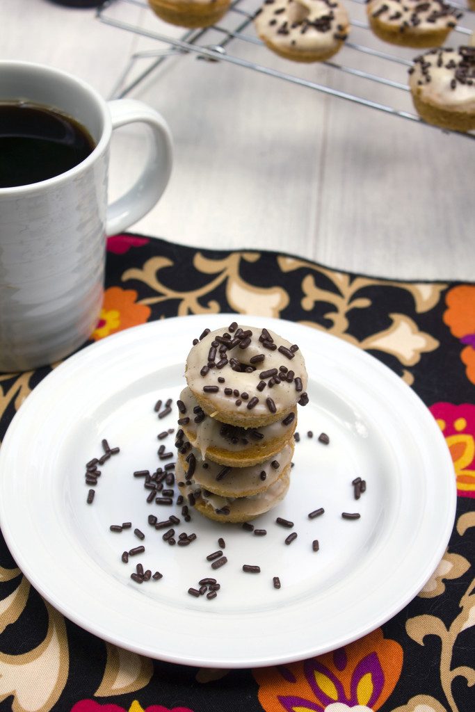 Espresso Doughnuts with Vanilla Sweet Cream Icing -- Mini doughnuts that taste like the Starbucks drink! | wearenotmartha.com