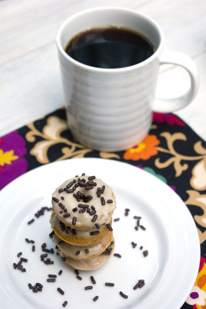 Espresso Doughnuts with Vanilla Sweet Cream Icing -- Mini doughnuts that taste like the Starbucks drink! | wearenotmartha.com