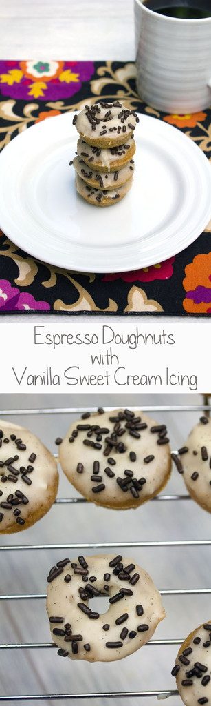 Espresso Doughnuts with Vanilla Sweet Cream Icing -- Mini doughnuts that taste like the Starbucks drink! | wearenotmartha.com