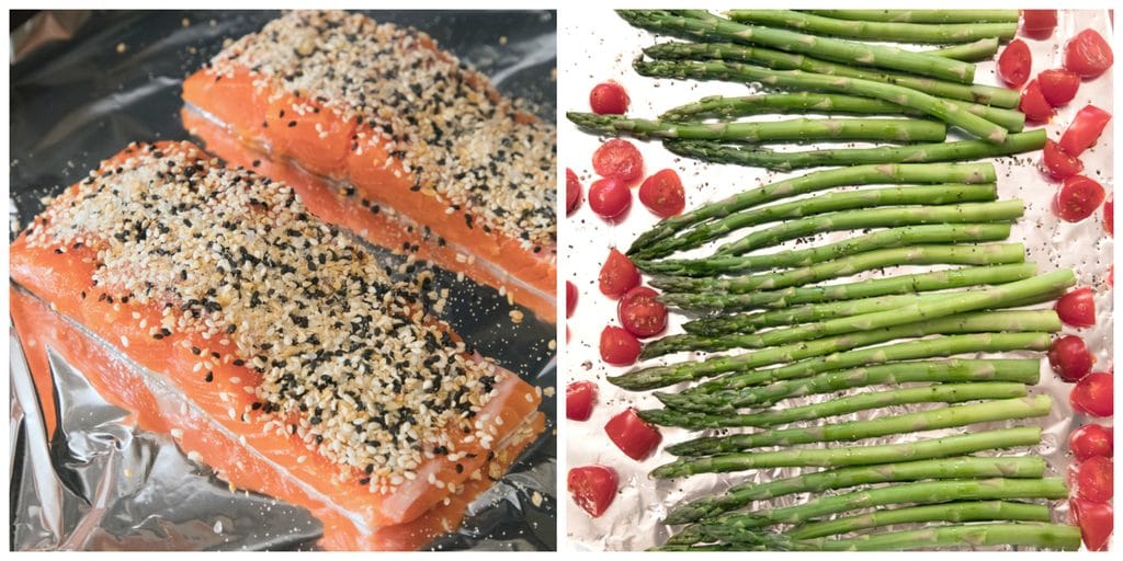 Collage showing process for making this dinner, including salmon filets coated with everything bagel spice on a baking sheet and asparagus and grape tomatoes on a baking sheet for cooking.