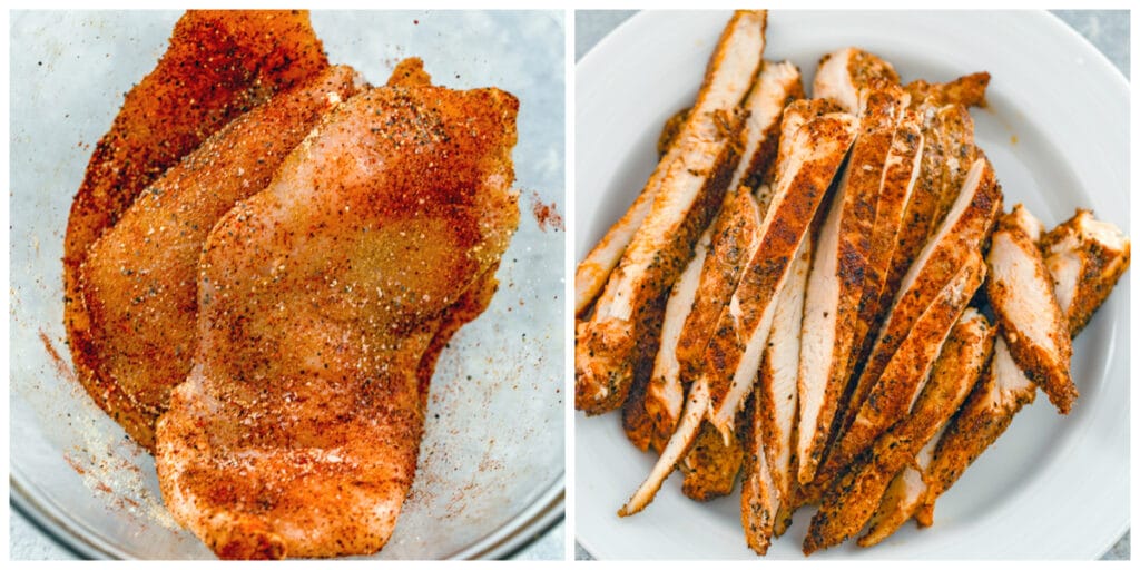 Collage showing process for cooking chicken, including chicken in spices in bowl and chicken sliced on a plate