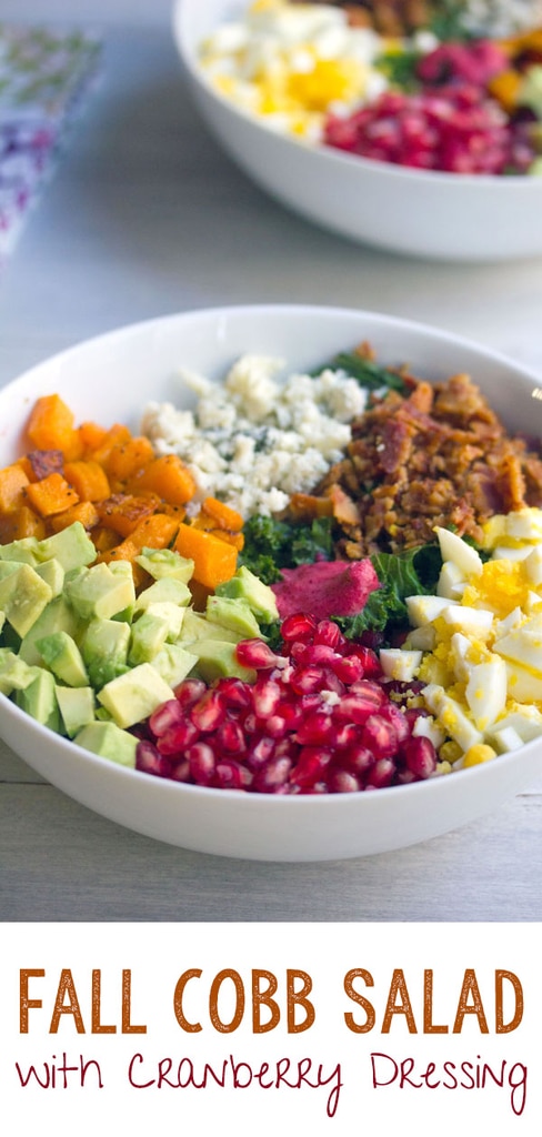 Fall Cobb Salad with Cranberry Dressing -- With kale, butternut squash, hardboiled egg, pomegranate, cranberry dressing, and more, this Fall Cobb Salad is the perfect balance of healthy and indulgent! | wearenotmartha.com #salads #cobbsalad #fall #healthy #cranberry