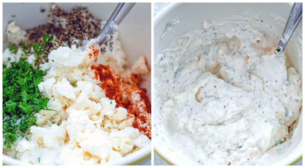 Collage showing process for making feta sauce, including Greek yogurt, crumbled feta, spices, and parsley in bowl and all ingredients mixed together