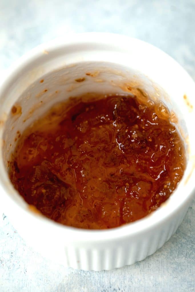 Overhead view of fig ginger spread in white ramekin 