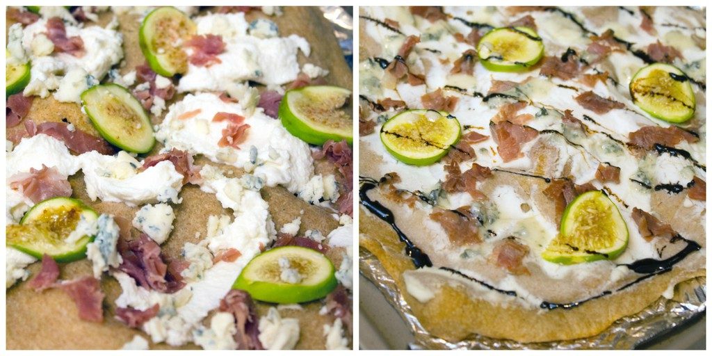 Collage showing process for adding figs, prosciutto, and ricotta to flatbread dough and drizzling balsamic reduction over the top