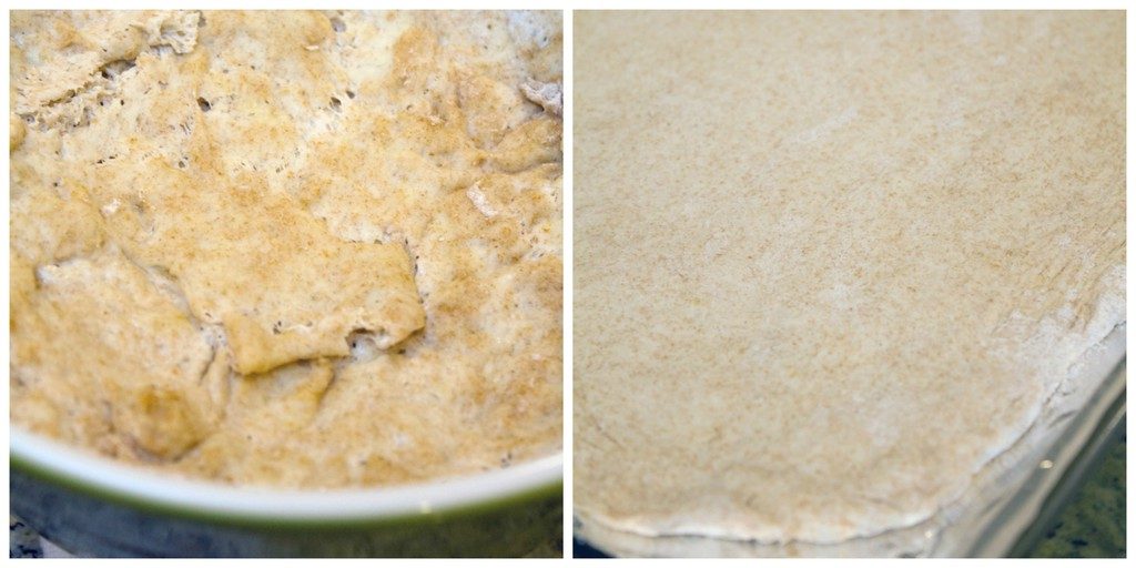 Collage showing process for making flatbread dough, including dough rising in mixing bowl and dough being rolled out