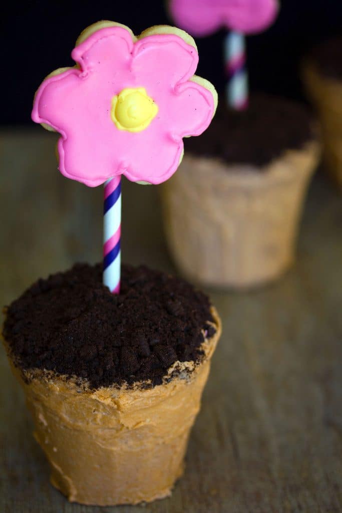 Closeup of flower pot cakes with chocolate cookie dirt and pink and yellow sugar cookie flowers