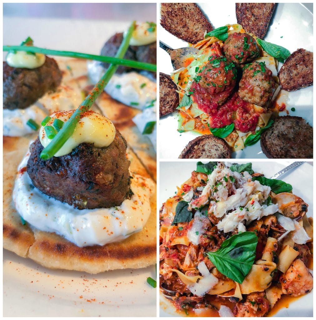 A collage showing spicy lamb pita appetizer, ahi bolognese pasta and Asian seafood pasta at Mala Ocean Tavern in Maui