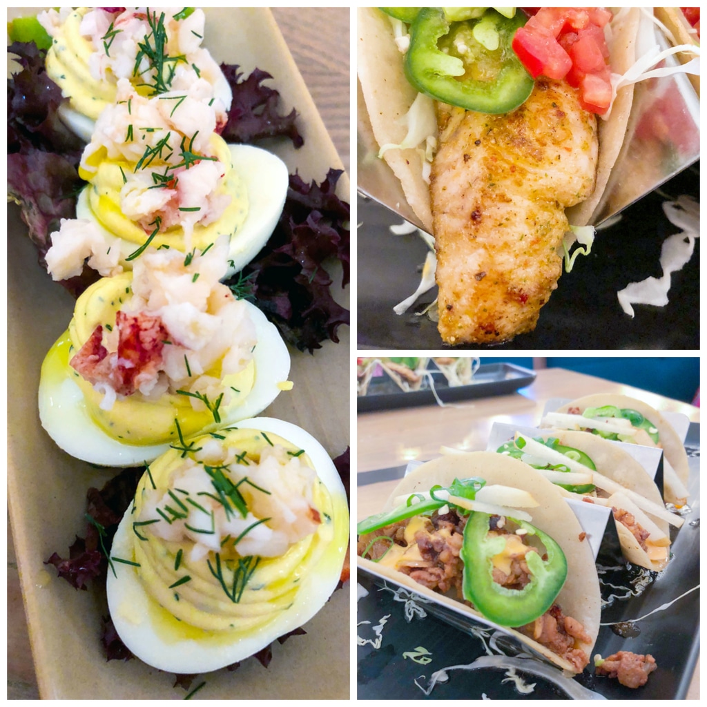 Lobster deviled eggs, fish tacos, and bulgogi pork tacos at Monkeypod Kitchen in Maui