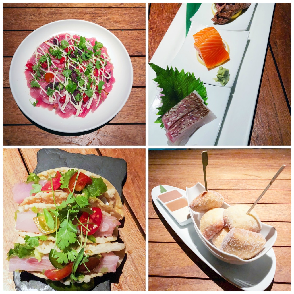 Collage showing tuna pizza, hamachi tacos, sashimi, and donuts at Morimoto Maui