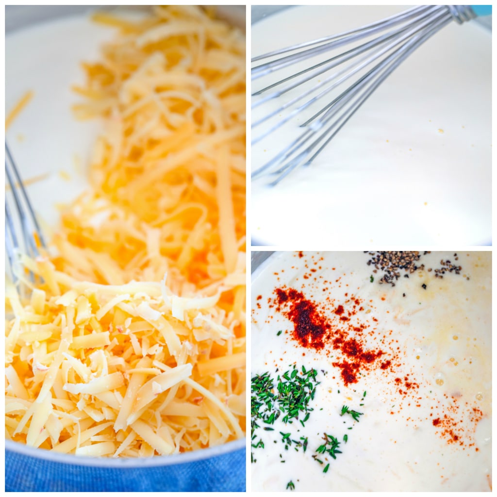 Collage showing sauce being made for four-cheese mac and cheese, including photo of cream, cream cheese, and sour cream being whisked; cheeses being added to sauce, and spices being added to sauce
